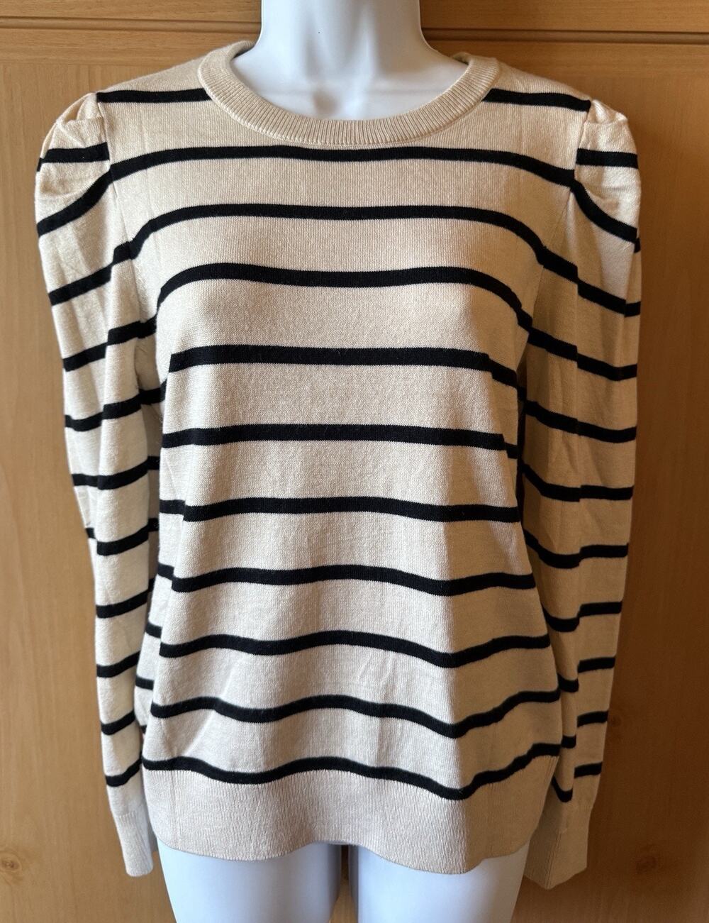 Striped Sweater Women’s M French Tan & Black Puff Sleeve Chic